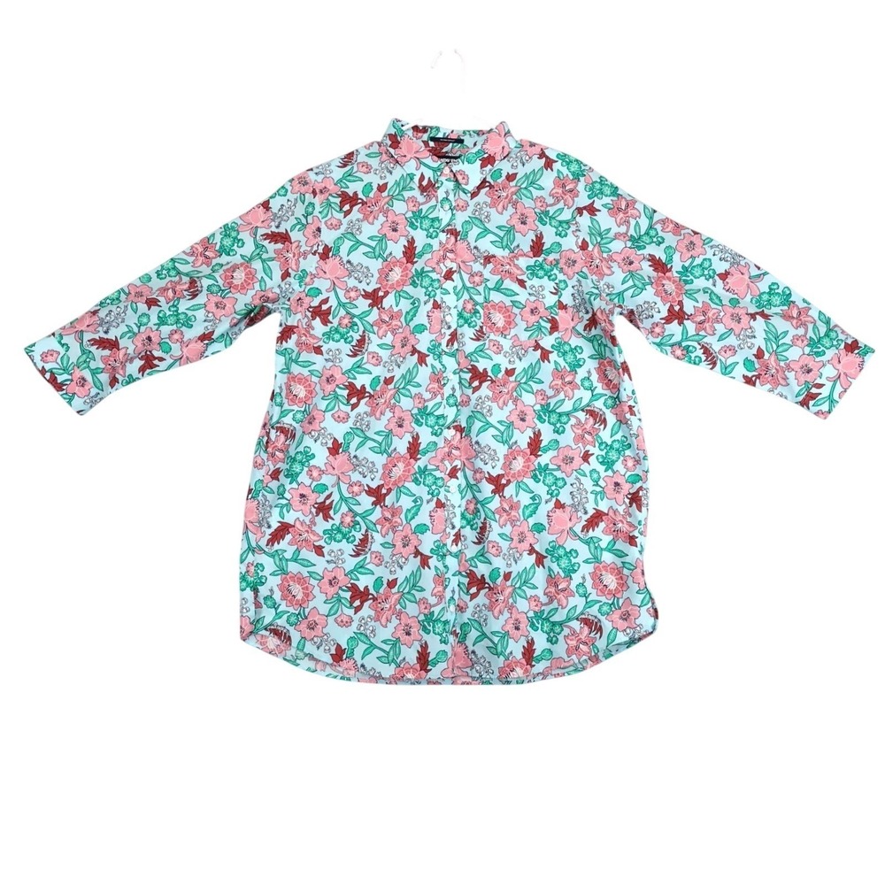 Land's End Floral Button-Up Shirt Womens 18 Tall No Iron‎ Supima Cotton Coastal